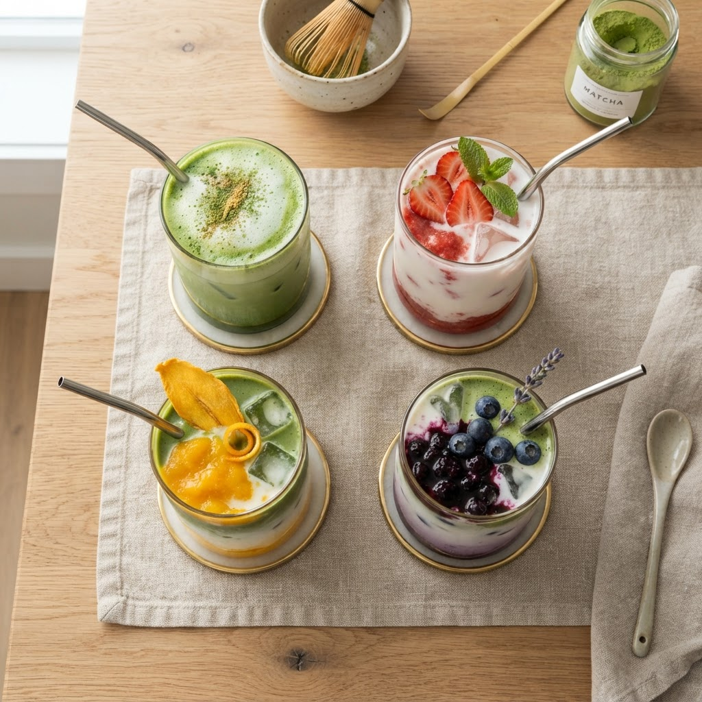 Colorful matcha drinks arranged overhead