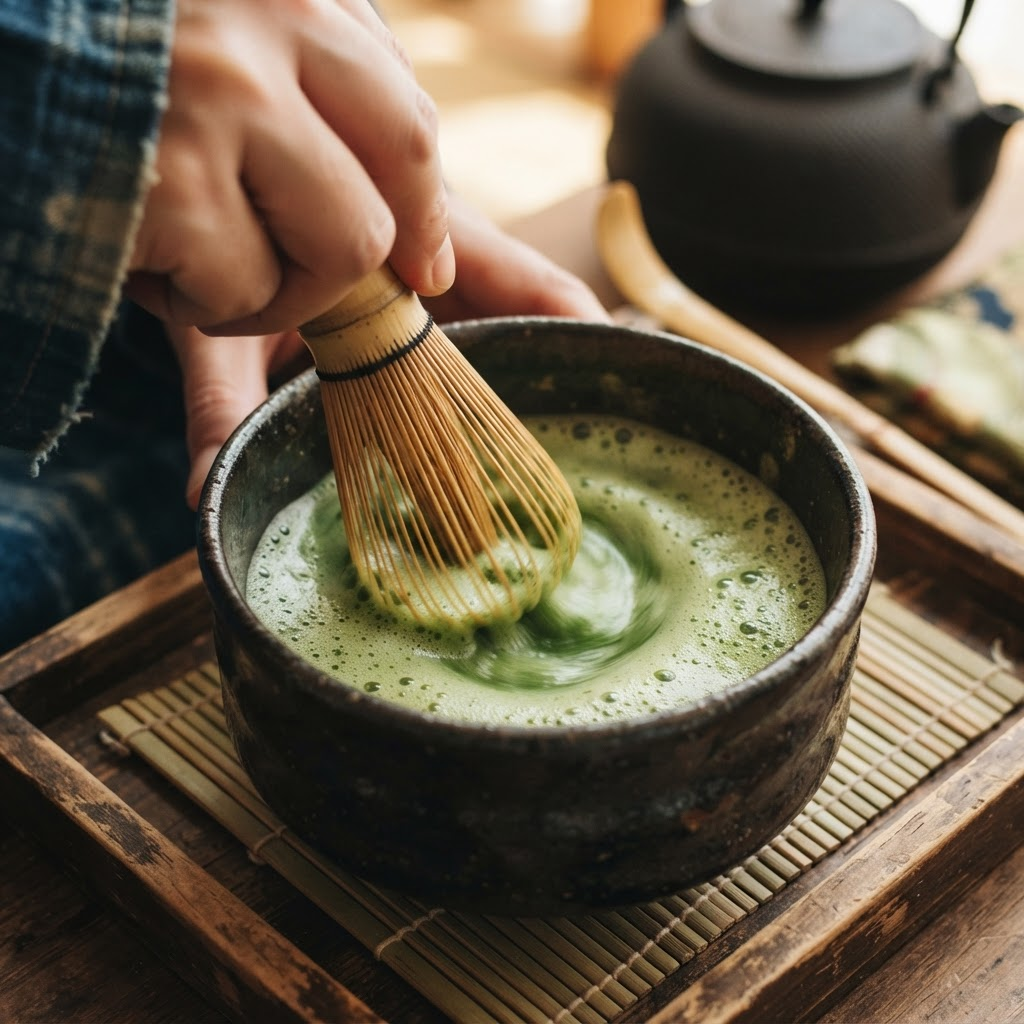Matcha being whisked with bamboo chasen